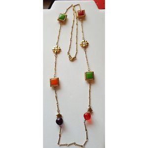 LEI Long Gold Tone Enamel Bead Embellished Necklace Appx 36" Multi-Color